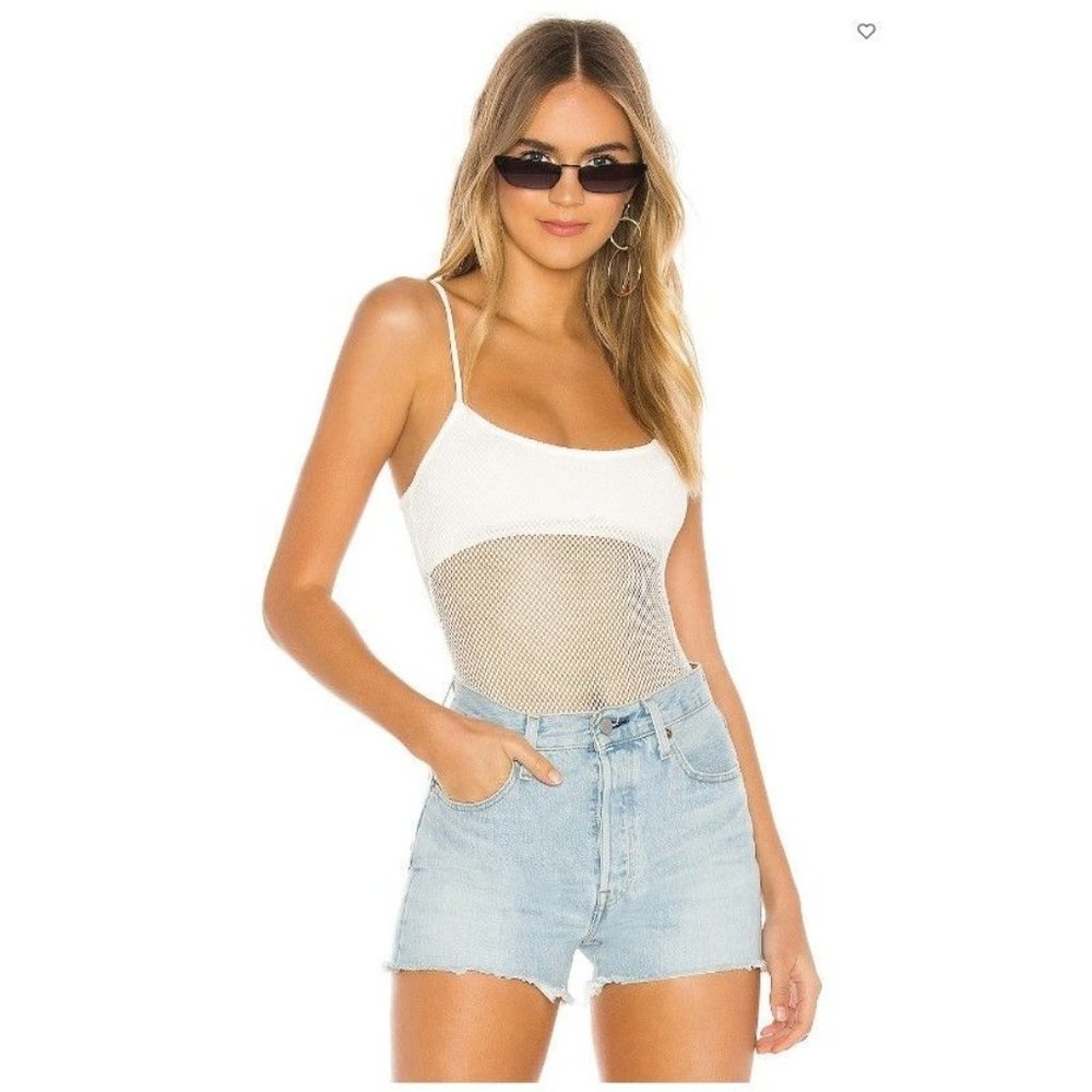 White Mesh Bodysuit Tank Top with Spaghetti Straps